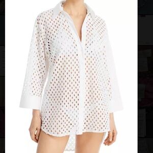 White Aqua Eyelet Cutout Button Front Cover Up Shirt 100% cotton NWT